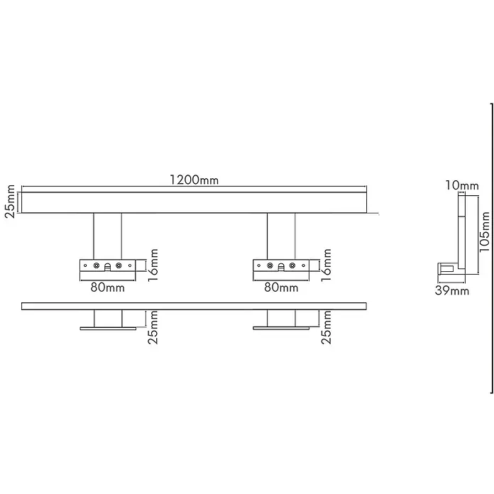 kalb LED Spiegelleuchte Spectraline 120cm 4000K Silbergrau -  - Technische Zeichnung einer 1200mm langen linearen Leuchte. Sie ist 25mm dick und hat zwei 80mm breite Halterungen.