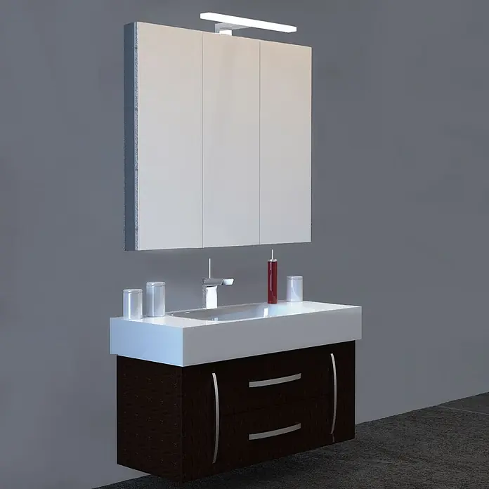 kalb LED Spiegelleuchte Mera 30cm 3000K Chrom -  - Wandmontierter Badwaschtisch mit weißem Waschbecken, dunkelbraunem Schrank mit zwei Schubladen, Spiegelschrank und Beleuchtung.