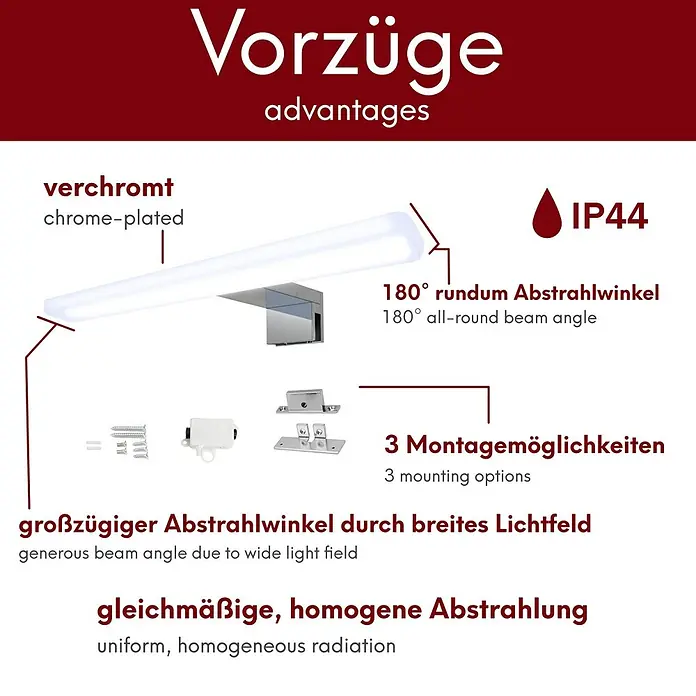 kalb LED Spiegelleuchte Mera 30cm 3000K Chrom -  - Verchromte LED-Lichtleiste mit weißem Diffusor, zeigt IP44, 180° Abstrahlwinkel und Befestigungsoptionen.