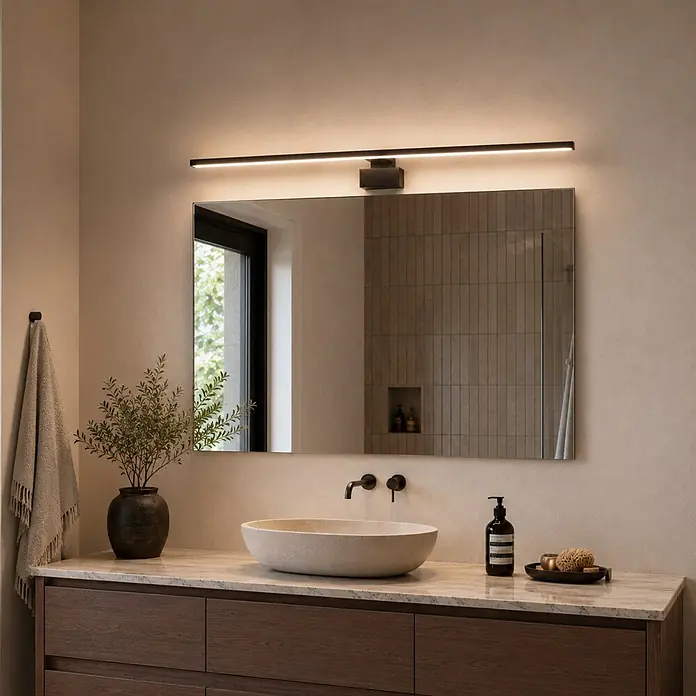 kalb LED Spiegelleuchte Running Light 80cm 3000K Schwarz Lichtlauf -  - Schwarze lineare LED-Leuchte über einem Badspiegel, hellem Steinvasebecken und dunklem Holzwaschtisch.