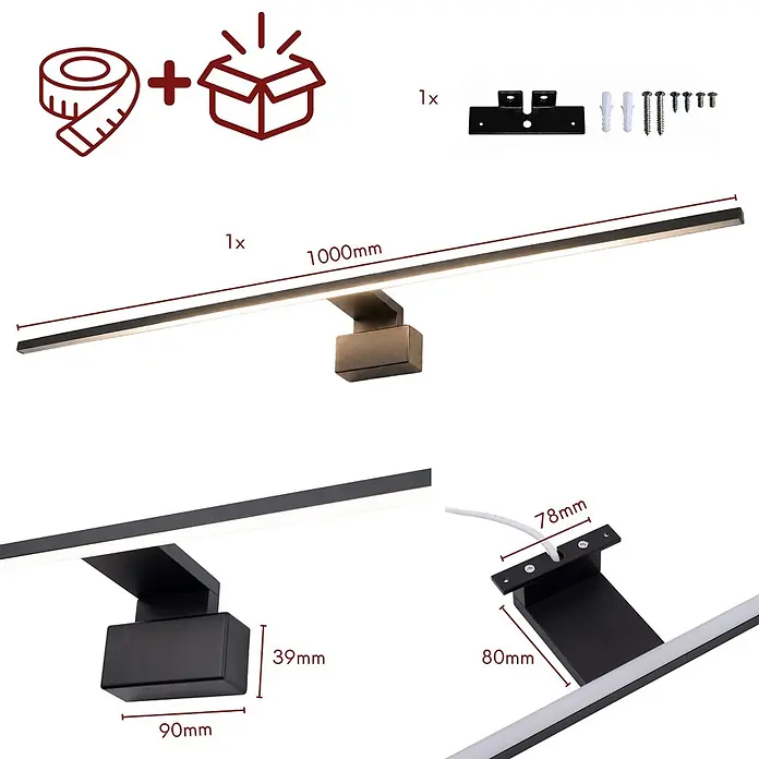 kalb LED Spiegelleuchte Running Light 100cm 4000K Schwarz Lichtlauf -  - Lange schwarze LED-Wandleuchte (1000mm) mit rechteckigem Sockel, Montagehalterung und Schrauben.