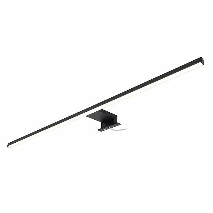 kalb LED Spiegelleuchte Running Light 100cm 4000K Schwarz Lichtlauf -  - Eine lange, schmale schwarze LED-Wandleuchte mit beleuchtetem Streifen und zentraler Halterung, mit weißem Stromkabel.