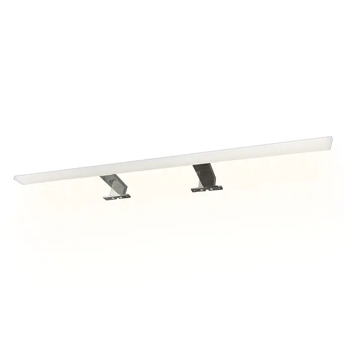 kalb LED Spiegelleuchte 80cm 3000K Chrom 4 Leuchtrichtungen -  - Lange, lineare LED-Lichtleiste mit weißem Diffusor und dunklen Metallhalterungen, warmes Licht abgebend.