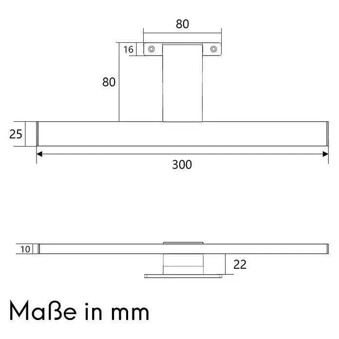 kalb LED Spiegelleuchte 30cm 4000K Chrom -  - Technische Zeichnung einer rechteckigen Leuchte mit Mittelhalterung, Maße (z.B. 300mm Länge, 25mm Höhe) sind angegeben.