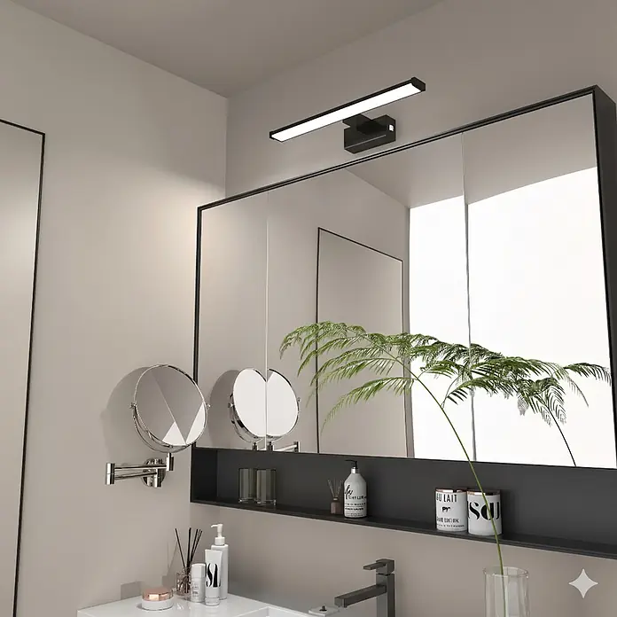 kalb LED Spiegelleuchte 50cm 3000K Schwarz mit Schalter -  - Schwarz gerahmter Spiegelschrank mit integrierter Ablage und horizontaler LED-Leuchte darüber.