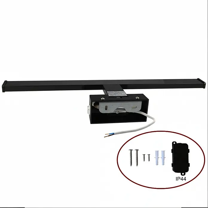 kalb LED Spiegelleuchte 50cm 3000K Schwarz mit Schalter -  - Schwarze, rechteckige LED-Spiegelleuchte mit Anschlusskabel, Montageschrauben, Dübeln und IP44-Verteilerdose.