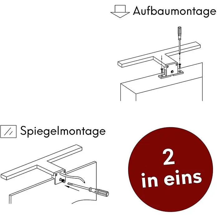 kalb LED Spiegelleuchte 30cm 4000K Chrom -  - Diagramme zeigen zwei Montageoptionen für eine T-förmige Leuchte: Aufbau- und Spiegelmontage (2-in-1).