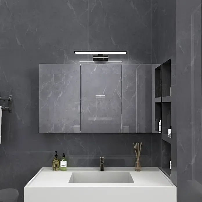 kalb LED Spiegelleuchte 50cm 3000K Schwarz mit Schalter -  - Moderne Badmöbel mit integriertem weißen Waschbecken, glänzend grauem Hängeschrank und LED-Spiegelleuchte.