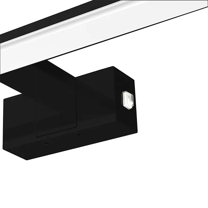 kalb LED Spiegelleuchte 50cm 3000K Schwarz mit Schalter -  - Schwarze lineare LED-Leuchte mit weißem Diffusorstreifen und durchsichtigem Kippschalter an der Seite.