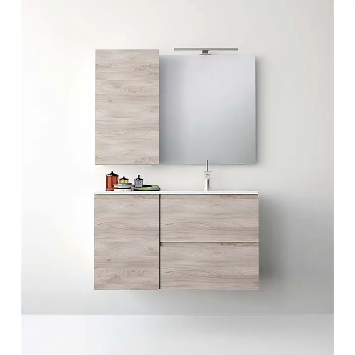 kalb LED Spiegelleuchte 30cm 4000K Chrom -  - Badezimmermöbel in heller Holzoptik mit integriertem Waschbecken, Armatur, Spiegel und Wandschrank.