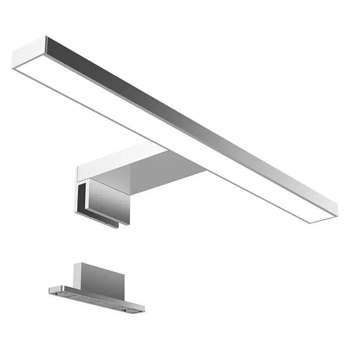 kalb LED Spiegelleuchte 30cm 4000K Chrom -  - Schlanke silberne LED-Spiegel- oder Bilderleuchte mit weißer Lichtfläche, mit Montagehalterung dargestellt.