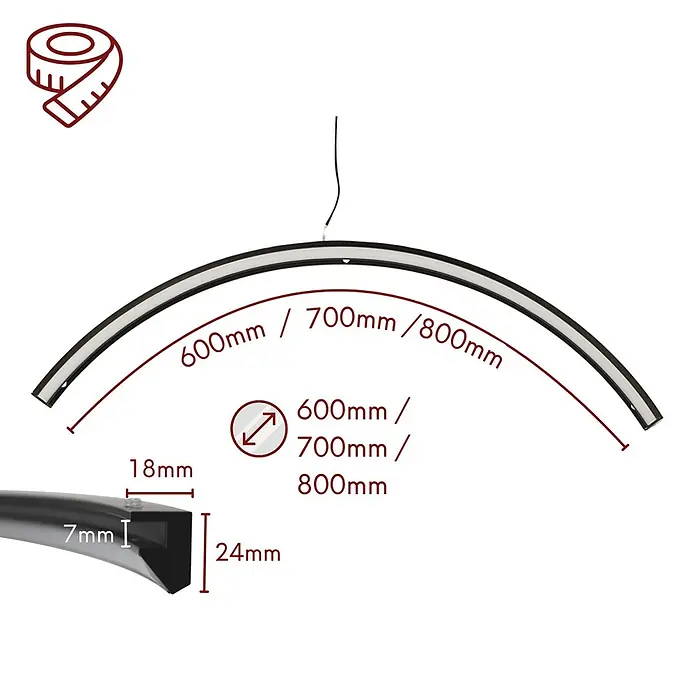 kalb LED Spiegelleuchte CURVIA Ø 60cm 4000K Schwarz -  - Schwarz/dunkelgraues, gebogenes LED-profil mit Maßen: 600-800mm Länge/Durchmesser, 18x7x24mm Querschnitt.