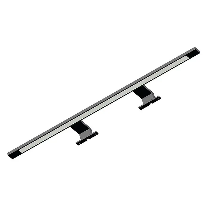 kalb LED Spiegelleuchte 74cm 3000K Schwarz 3in1 Montage -  - Dunkelgraues lineares Geländer oder Lichtleiste mit hellem Streifen, befestigt an zwei schwarzen Halterungen.