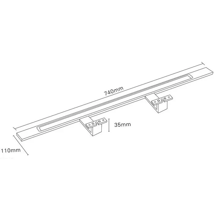 kalb LED Spiegelleuchte 74cm 3000K Schwarz 3in1 Montage -  - Strichzeichnung einer Linienentwässerung mit Halterungen und Maßen: 740mm Länge, 110mm Breite, 35mm Halterhöhe.