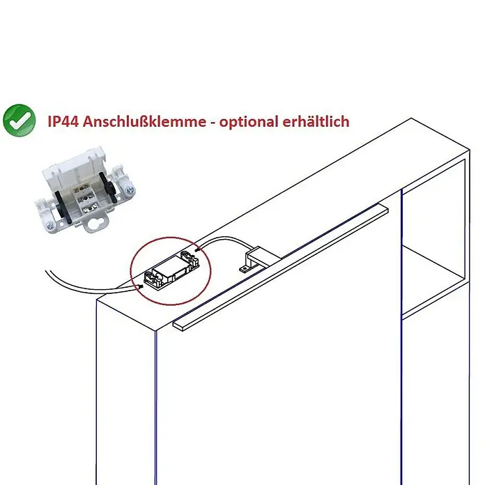 kalb LED Spiegelleuchte 60,3cm 4000K Chrom -  - Weiße IP44 Anschlussklemme mit Schaltplan für Möbelleuchteninstallation.