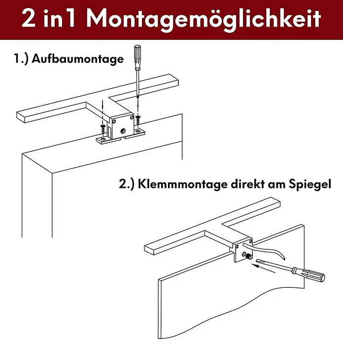 kalb LED Spiegelleuchte 60,3cm 4000K Chrom -  - Zwei Montagemöglichkeiten: Aufbaumontage mit Schrauben oder Klemmmontage direkt am Spiegel.