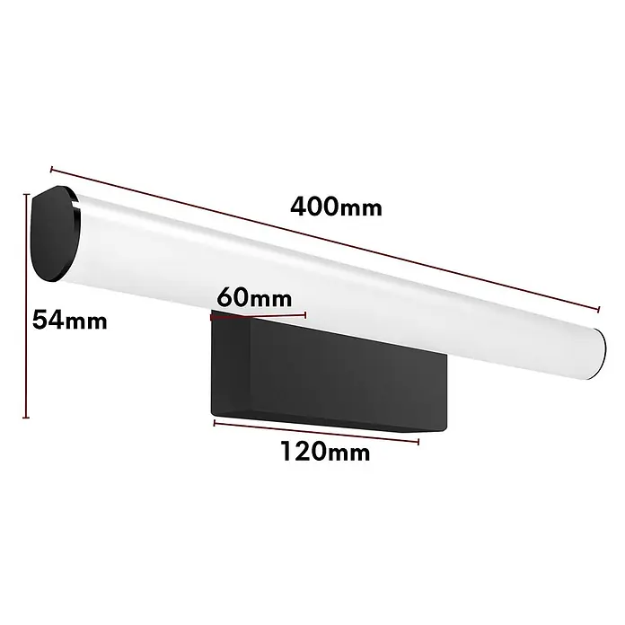 kalb LED Spiegelleuchte 40cm 4000K Schwarz Rund -  - Weiße zylindrische Leuchte mit schwarzem rechteckigem Sockel, 400x54mm Leuchte und 120x60mm Sockel.