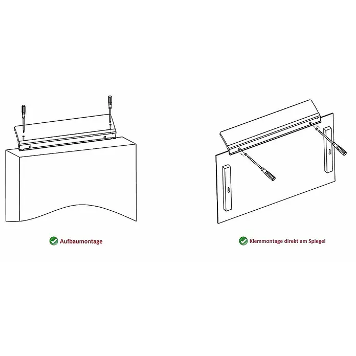 kalb LED Spiegelleuchte WhiteWave 60cm 3000K Chrom -  - Zwei Montageoptionen für eine rechteckige Leuchte: Aufbaumontage mit Schrauben von oben und Klemmmontage direkt am Spiegel mit Halterungen.