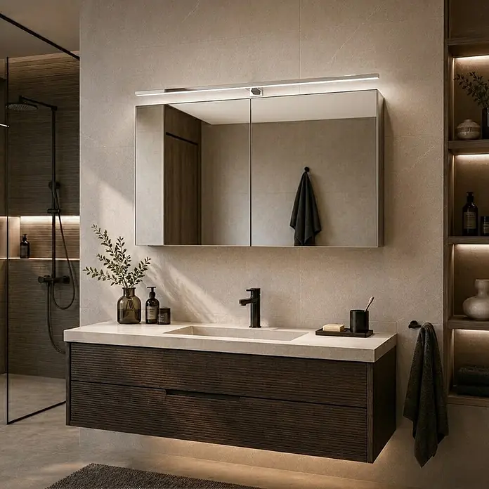 kalb LED Spiegelleuchte Running Light 100cm 4000K Chrom Lichtlauf -  - Moderner Waschtisch aus dunklem Holz mit integriertem Waschbecken und beleuchtetem Spiegelschrank in einem gefliesten Bad.