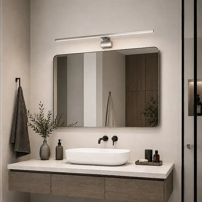 kalb LED Spiegelleuchte Running Light 100cm 4000K Chrom Lichtlauf -  - Eine moderne Badkombination mit weißem Aufsatzwaschbecken, heller Arbeitsplatte, dunklem Holzunterschrank, rechteckigem Spiegel und linearer LED-Leuchte.