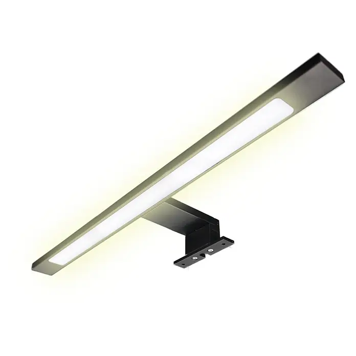 kalb LED Spiegelleuchte 45cm 3000K Schwarz 3in1 Montage -  - Lineare LED-Spiegelleuchte mit dunklem Metallgehäuse und weißem Diffusor, warmes Licht abstrahlend, mit Halterung montiert.