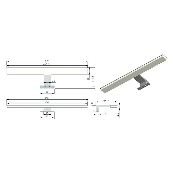 kalb LED Spiegelleuchte Selma 45cm 3000K Chrom 2in1 Montage -  - Technische Zeichnung und 3D-Ansicht eines hellgrauen rechteckigen Profils mit Montagehalterung, inklusive Bemaßungen zur Installation.