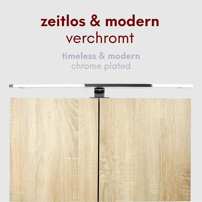 kalb LED Spiegelleuchte 60cm 4000K Chrom -  - Helles Holzmöbel mit zwei Türen und einem verchromten Beschlag darüber.