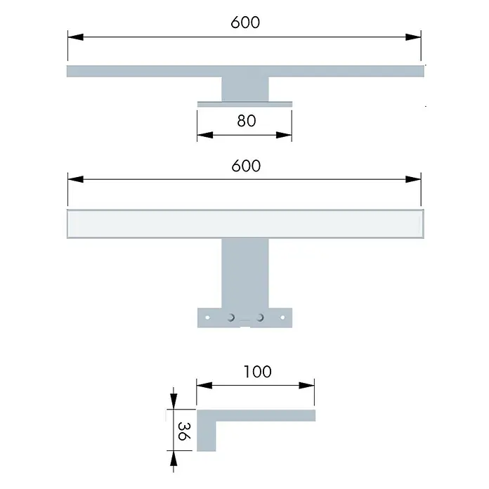 kalb LED Spiegelleuchte 60cm 4000K Chrom -  - Technisches Zeichnung einer grauen T-förmigen Halterung mit Maßen 600x80mm und einer L-förmigen Basis 100x36mm, zur Befestigung oder Unterstützung.