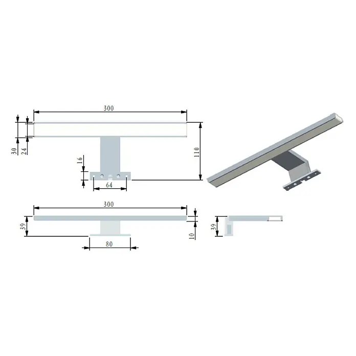 kalb LED Spiegelleuchte 30cm Chrom 3 Lichtfarben -  - Technische Zeichnung und 3D-Modell einer silbernen wandmontierten LED-Lichtleiste.