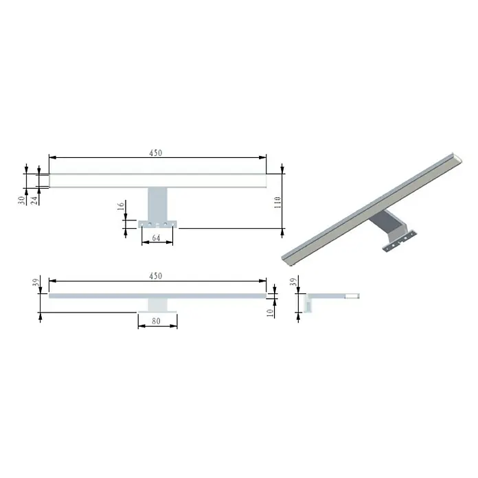 kalb LED Spiegelleuchte 45cm Chrom 3 Lichtfarben -  - Technische Zeichnung und 3D-Ansicht einer grauen Metallhalterung mit Abmessungen zur Montage.