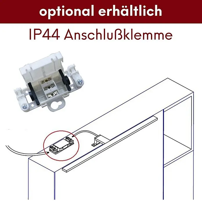kalb Material für Möbel LED-Spiegelleuchte Innen - 12 W, L x B x H: 60 x 3,5 x 11 cm, Schwarz matt - Weiße IP44 Anschlussklemme. Diagramm zeigt Nutzung zur LED-Leisten-Verkabelung an Möbeln.