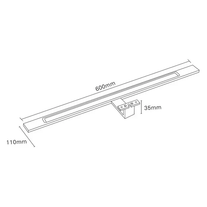 kalb Material für Möbel LED-Spiegelleuchte Innen - 12 W, L x B x H: 60 x 3,5 x 11 cm, Schwarz matt - Technische Zeichnung eines 600 mm langen, linearen Duschabflusses mit mittigem Schlitz und 35 mm hoher Halterung, 110 mm breit.
