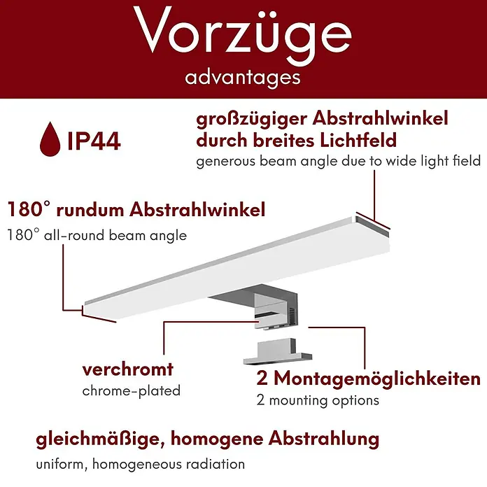 kalb LED Spiegelleuchte Selma 30cm 3000K Chrom 2in1 Montage -  - Verchromte Leuchte mit 180° Abstrahlwinkel, IP44-Schutzart und zwei Montagemöglichkeiten.
