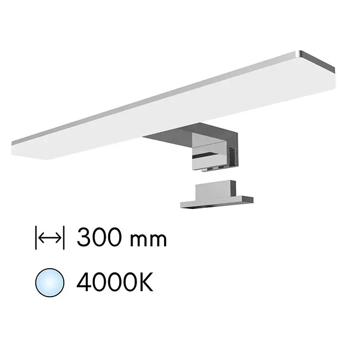 kalb LED Spiegelleuchte Selma 30cm 4000K Chrom 2in1 Montage -  - Rechteckige LED-Spiegelleuchte, 300 mm lang, mit weißem Diffusor und silberfarbener Halterung, 4000K Licht.