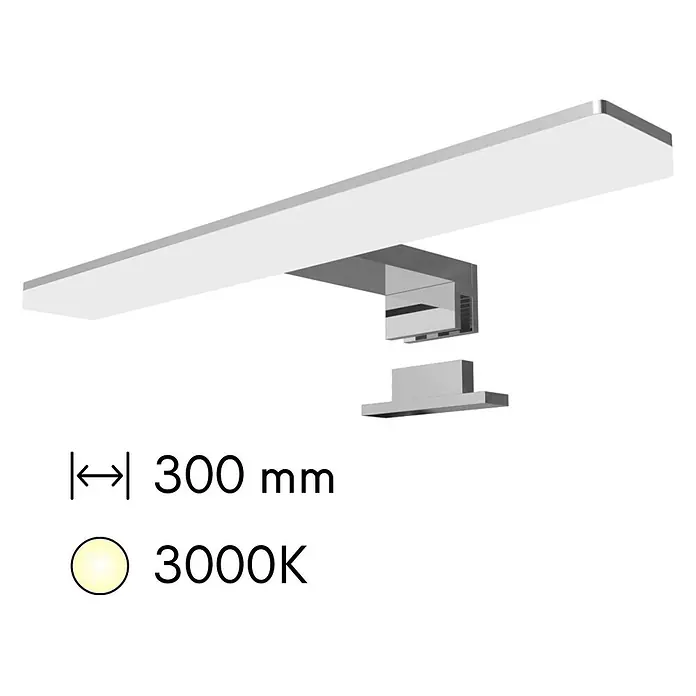 kalb LED Spiegelleuchte Selma 30cm 3000K Chrom 2in1 Montage -  - Rechteckige 300mm Chrom-LED-Lichtleiste mit weißem Diffusor, 3000K warmweißes Licht.