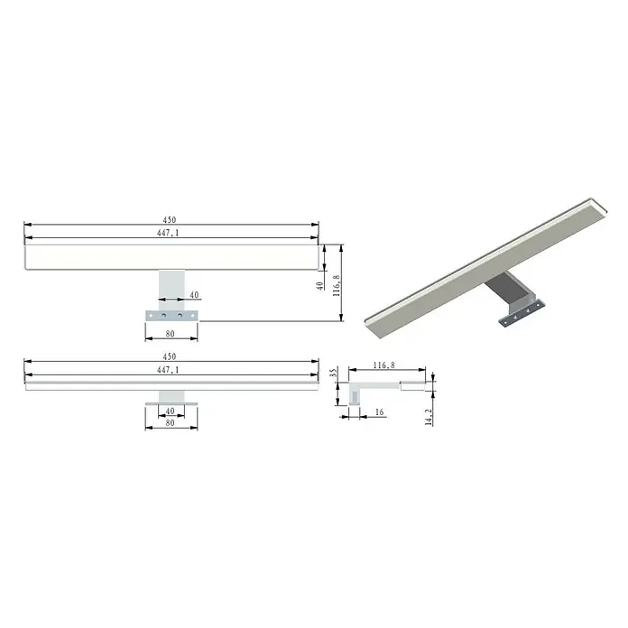 kalb LED Spiegelleuchte Selma 45cm 4000K Silbergrau 2in1 Montage -  - Hellgraues rechteckiges LED-Profil mit abgewinkelter Montagehalterung.