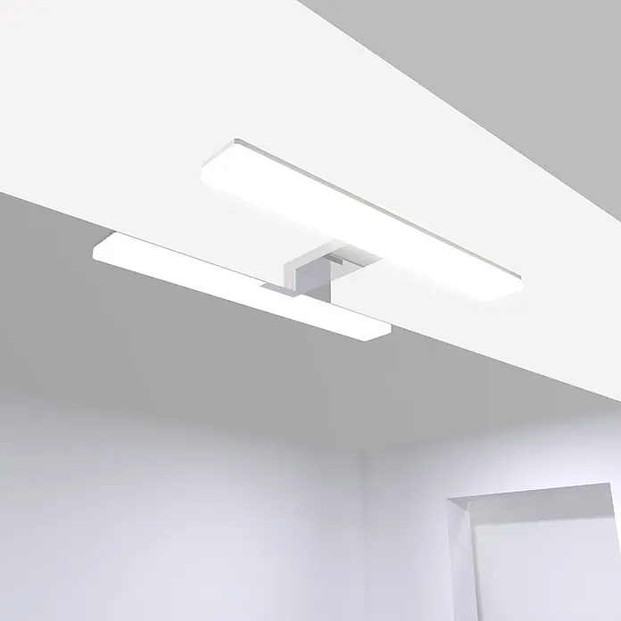 kalb LED Spiegelleuchte Selma 30cm 3000K Chrom 2in1 Montage -  - Moderne lineare LED-Deckenleuchte mit zwei versetzten weißen Lichtbalken und einer metallischen Mittelhalterung.
