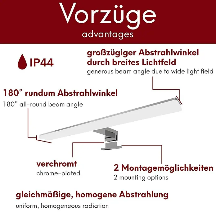 kalb LED Spiegelleuchte Selma 45cm 4000K Silbergrau 2in1 Montage -  - Verchromte LED-Spiegelleuchte mit 180° Abstrahlwinkel und IP44 Schutz.