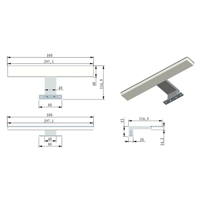 kalb LED Spiegelleuchte Selma 30cm 3000K Chrom 2in1 Montage -  - Rechteckige Lichtleiste auf abgewinkeltem Montagebügel, mit technischen Maßen dargestellt.