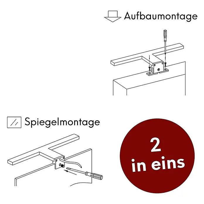 kalb LED Spiegelleuchte Selma 45cm 4000K Silbergrau 2in1 Montage -  - Zwei Diagramme zeigen eine vielseitige Halterung. Sie kann aufgesetzt oder zur Spiegelmontage mit elektrischem Anschluss verwendet werden. „2 in eins“-Abzeichen.