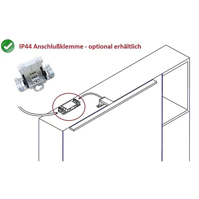 kalb LED Spiegelleuchte WhiteWave 60cm 3000K Chrom -  - Weiße IP44 Anschlussklemme mit Verkabelung für eine Leuchte gezeigt. Optional erhältlich.