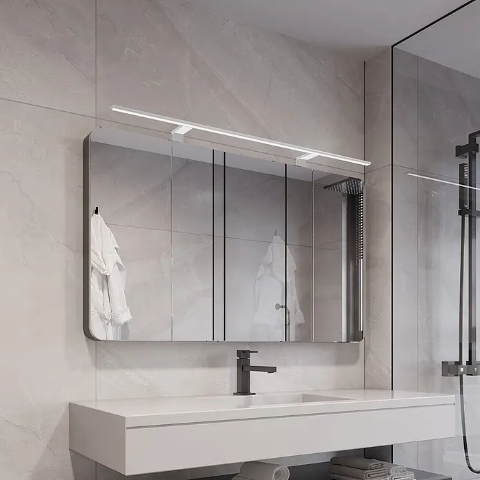 kalb LED Spiegelleuchte Spectraline 120cm 4000K Silbergrau -  - Moderner Spiegelschrank mit integrierter LED-Beleuchtung und dunklem Rahmen über weißem Waschbecken und mattschwarzer Armatur.