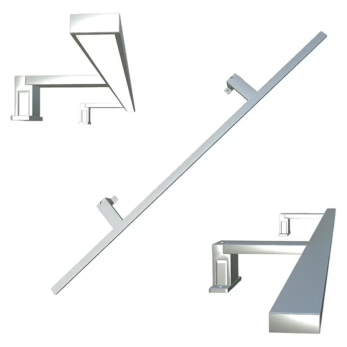 kalb LED Spiegelleuchte Spectraline 120cm 4000K Silbergrau -  - Schlanke, silberne LED-Lichtleiste, aus verschiedenen Blickwinkeln gezeigt, ideal für moderne Architekturbeleuchtung.