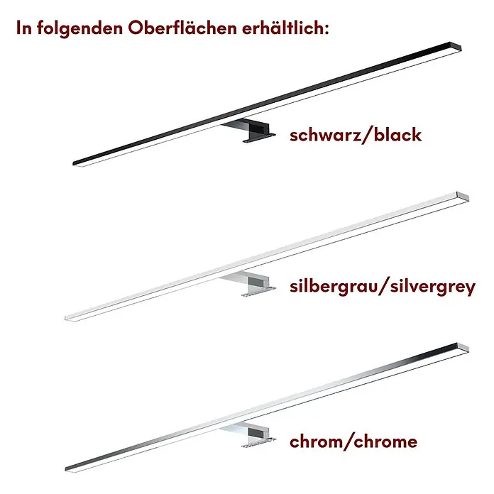 kalb Material für Möbel LED-Spiegelleuchte Innen - 15 W, L x B x H: 80 x 10 x 3,6 cm, Chrom - Lineare LED-Leuchte in Schwarz, Silbergrau und Chrom.