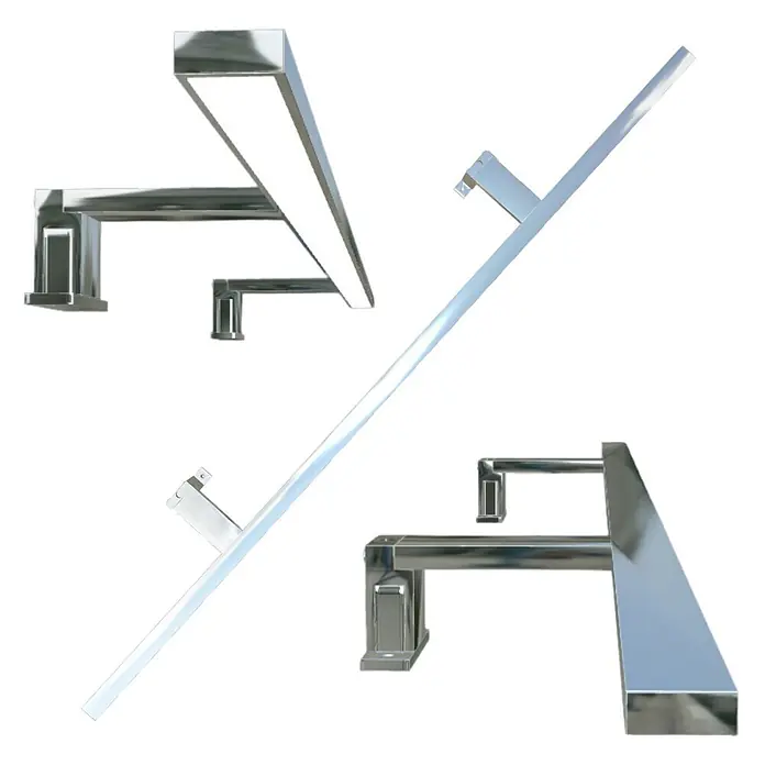 kalb LED Spiegelleuchte Spectraline 120cm 3000K Chrom -  - Drei glänzende Chrom-Handtuchhalter, zwei L-förmig und einer lang diagonal, ideal für moderne Badezimmer.