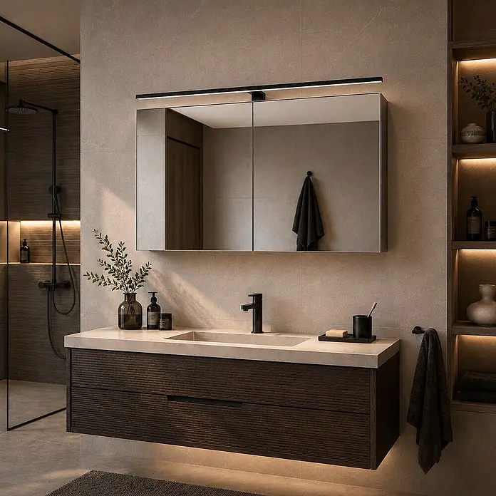 kalb LED Spiegelleuchte Running Light 100cm 3000K Schwarz Lichtlauf -  - Moderner Badschrank mit dunklen Holzschubladen, hellem Waschbecken, schwarzem Wasserhahn und Spiegelschrank in einem beleuchteten Bad.