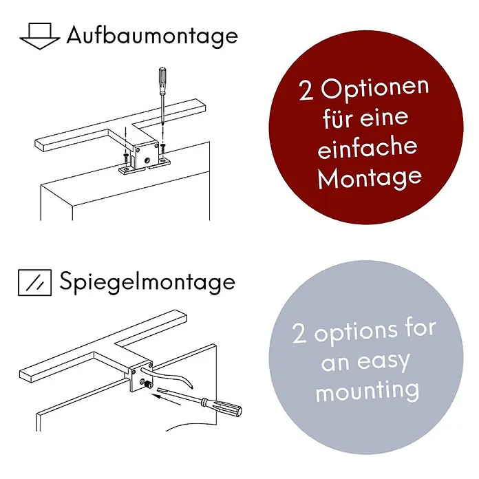 kalb LED Spiegelleuchte 60cm 3000K Chrom -  - Zwei Diagramme zeigen Aufbau- und Spiegelmontageoptionen für eine T-förmige Leuchte.