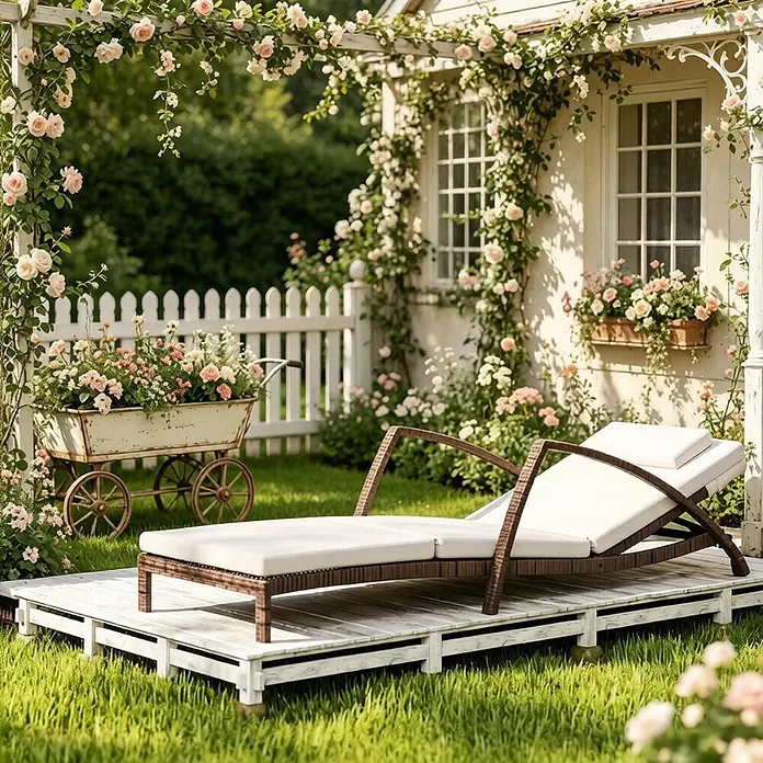 SONNENH Gartenliege - B x T: 185 x 72 cm, Beige/Braun, Stahl, Rückenlehne verstellbar - Ein brauner geflochtener Liegestuhl mit weißen Polstern auf einer weißen Holzterrasse in einem Rosengarten.