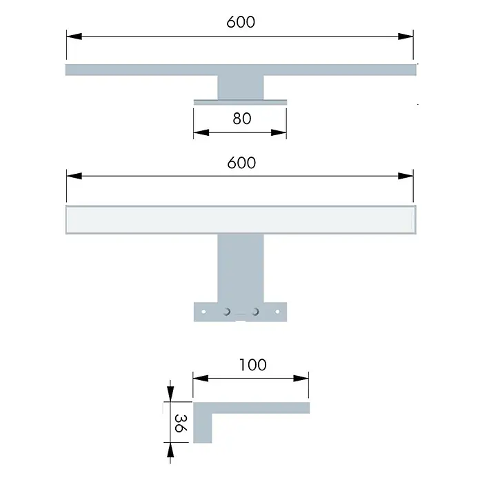 kalb LED Spiegelleuchte 60cm 3000K Chrom -  - Technische Zeichnung einer grauen linearen Leuchte. Zeigt Gesamtlänge 600mm, Basisbreite 80mm und Halterungsmaße 100x36mm.