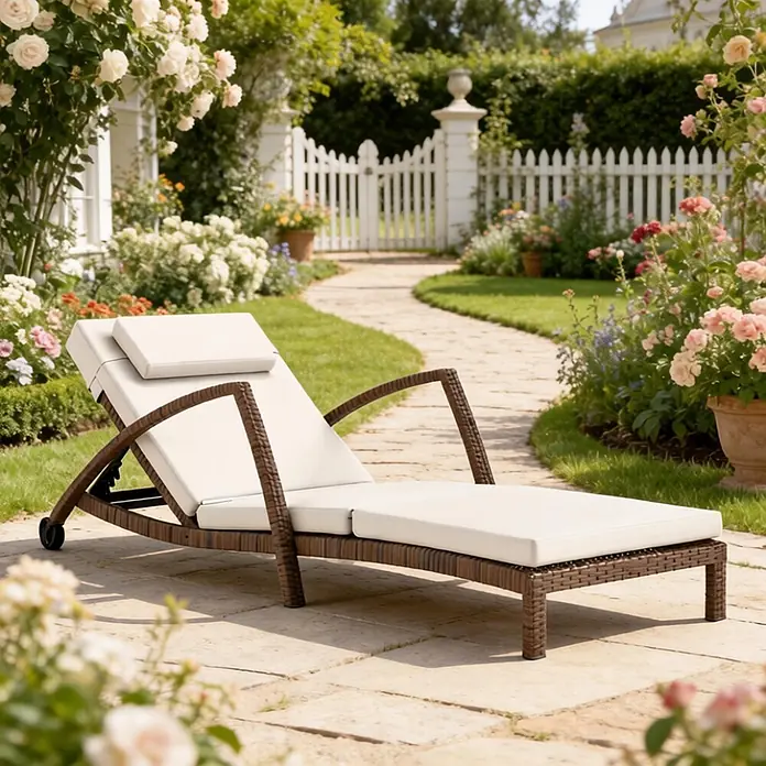 SONNENH Gartenliege - B x T: 185 x 72 cm, Beige/Braun, Stahl, Rückenlehne verstellbar - Braune geflochtene Chaiselongue mit weißen Polstern, auf einem Steinweg in einem sonnigen Garten.